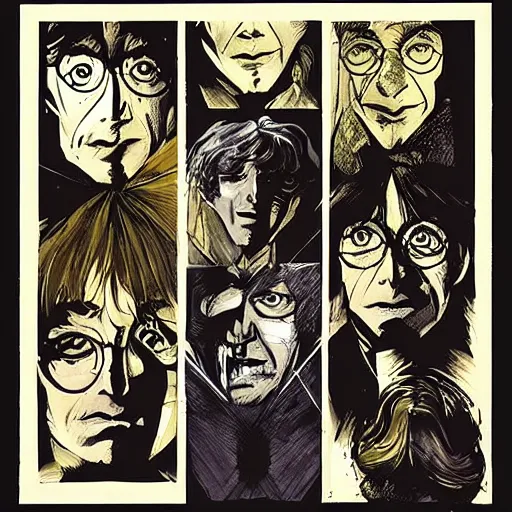 Image similar to in one frame Harry Potter with Sandman, symmetrical faces, beautiful faces, by Neil Gaiman, by Dave McKean, comics Sandman, small details, clear faces, high detail