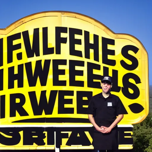 Prompt: wafflehouse employee's standing below wafflehouse sign, employees uniform is black and blue with yellow name tags-n 9