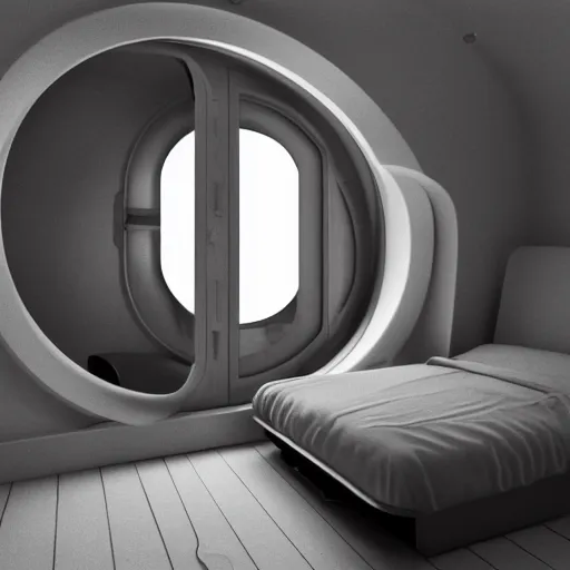 Prompt: small single bedroom inside space ship with round window looking into space, gray metallic walls, style of engine factory room, 1960s, science fiction, ultra realistic, 4k.