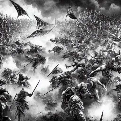 Prompt: the battle of two huge armies in the style of kentaro miura, 4 k, 8 k, absolute detailing of even the smallest details and particles, beautiful shadows, beautiful art, black and white drawing