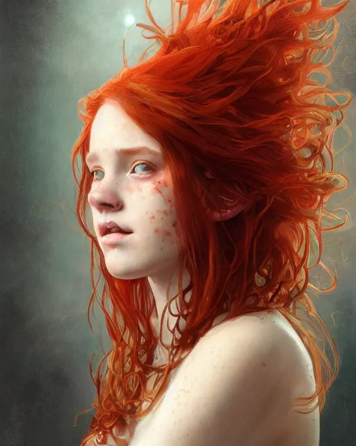 Image similar to portrait of 1 4 - year - old girl with flaming red hair, a lot of freckles, and bright brown eyes, hyper realistic face, beautiful eyes, fantasy art, in the style of greg rutkowski, intricate, alphonse mucha, hyper detailed, smooth