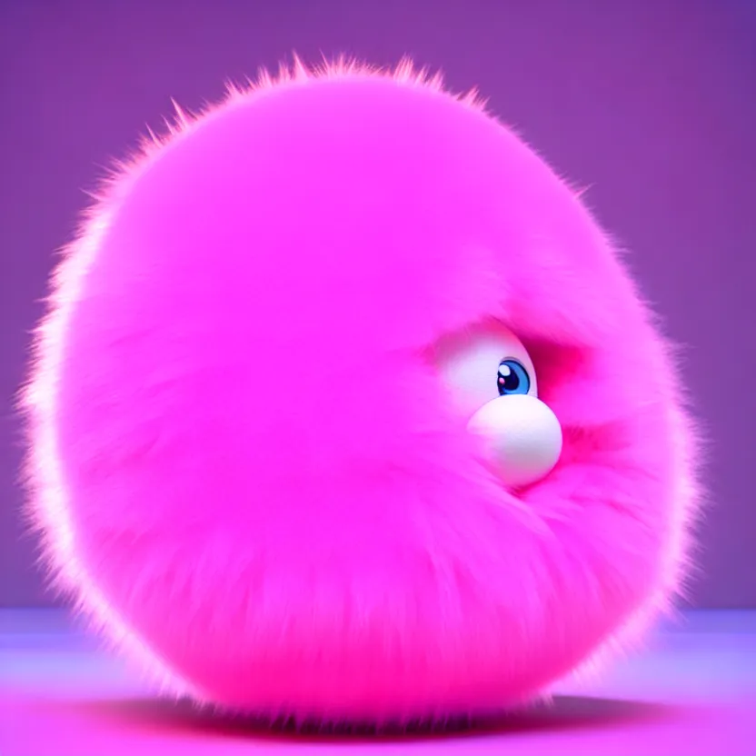 Image similar to high quality 3 d render hyperrealistic very cute pink big spherical creature, plush mascot, short spiky dense fluffy smooth hair, isometric 3 d, psychedelic lighting pink fluffy fur, 1 5 0 mm, beautiful natural soft light, rim light, smooth background, artstation, ultra detailed, elegant, ultra detailed, metallic armor, octane render