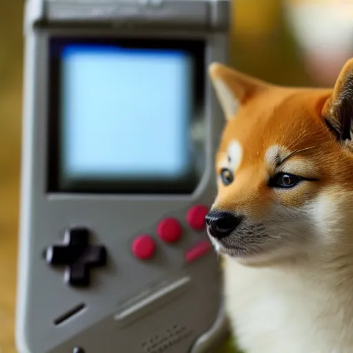 Prompt: a cat shiba inu playing a gameboy