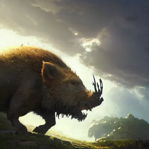 Image similar to highly detailed big angry boar, stephen bliss, unreal engine, fantasy art by greg rutkowski, loish, rhads, ferdinand knab, makoto shinkai and lois van baarle, ilya kuvshinov, rossdraws, tom bagshaw, global illumination, radiant light, detailed and intricate environment