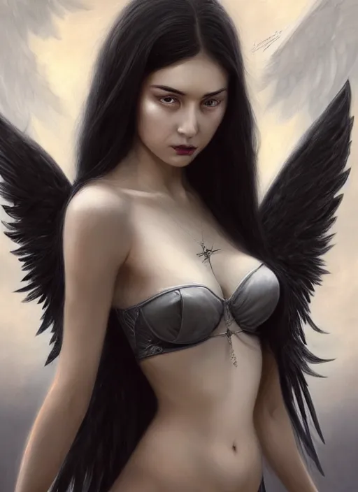 Prompt: portrait of a beautiful black haired girl archangel with gray wings, black bra, highly detailed, d & d, fantasy, highly detailed, digital painting, trending on artstation, concept art, sharp focus, illustration, art by artgerm and greg rutkowski and fuji choko and viktoria gavrilenko and hoang lap