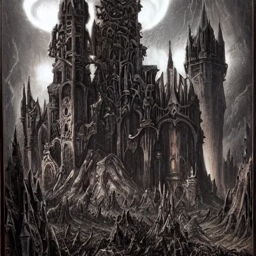 Image similar to a dark gothic castle made of skulls and bones and skeletons, tall spires, epic nebula, Dan Seagrave art