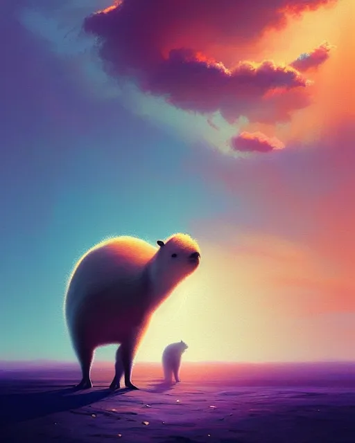 Prompt: white capybara in a non - euclidian space, surreal photography, sunrise dramatic light, impressionist painting, colorful clouds, digital painting, artstation, kilian eng, john harris, bastien lecouffe - deharme, simon stalenhag, flower face