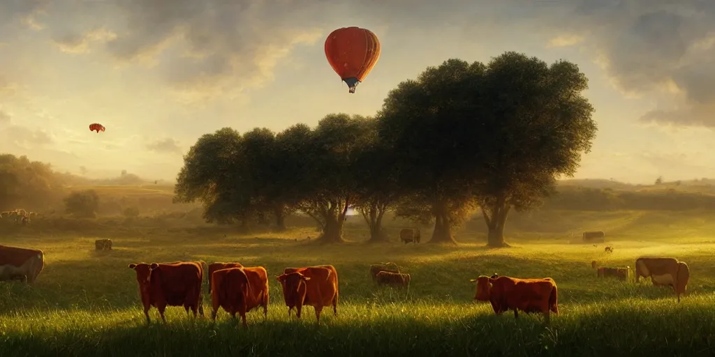 Prompt: a red hot air balloon flies above a field of cattle on a beautiful summer morning, English countryside, fields, cows, matte painting by Greg rutkowski, early morning light, trending on artstation, cinematic lighting, deviantart,