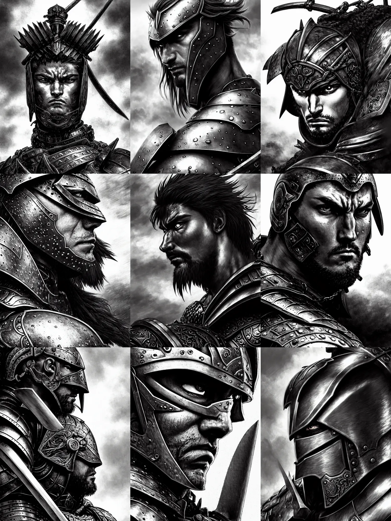 Prompt: close up picture of a male warrior looking at the sky, angry, sad, rugged, black plate armor, simple, black and white, highly detailed, detailed face, smooth, sharp focus, chiaroscuro, manga illustration, artgerm, greg rutkowski, alphonse mucha, takehiko inoue, light novel cover art