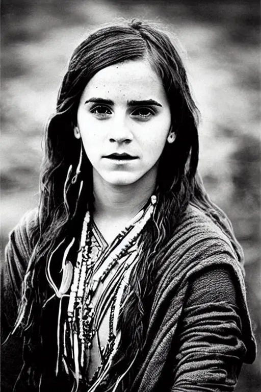 Image similar to “Photo of Native American indian woman Emma Watson, portrait, skilled warrior of the Apache, ancient, realistic, detailed, emma watson”