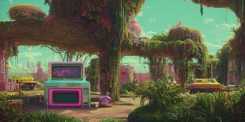 Image similar to 80s outdoor retro arcade, pastel colors, desolate, lush vegetation, moody:: by beeple and James Gilleard and Justin Gerard :: ornate, dynamic, particulate, intricate, elegant, highly detailed, centered, artstation, smooth, sharp focus, octane render, 3d