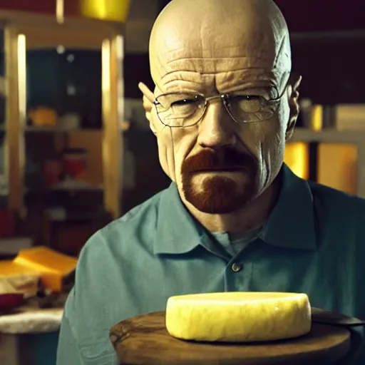 Image similar to walter white with a price of cheese for a head cheese for a head, cinematic photography, trending on artstation,