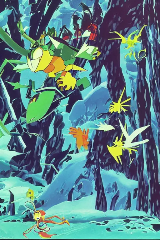 Image similar to an eyvind earle and theodor severin kittelsen collaborative painting of a scene from digimon world ( 1 9 9 9 ), vhs static