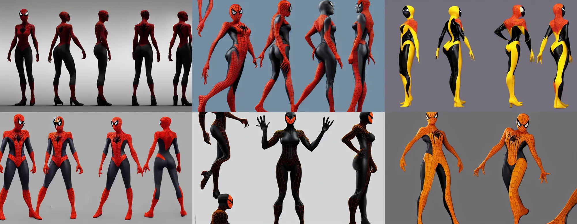 Prompt: full body character turnaround of a woman in an orb weaver outfit, character sheet, matte painting, spiderman!!, spiderwoman!!, john singer sargent, good value control, highly detailed portrait, character turnaround, digital painting, concept art, sharp focus, smooth, 3 d model, illustration, yellow and black color scheme, realistally proportioned body