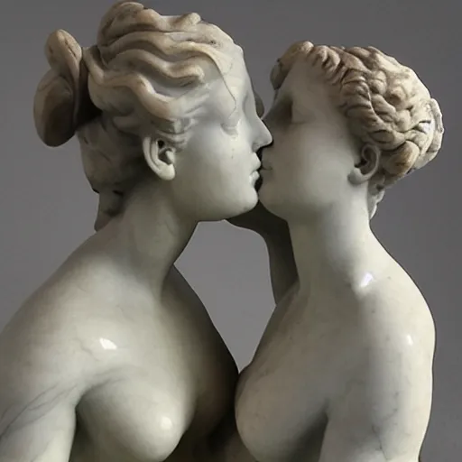 Image similar to sculpture of venus de milo and aphrodite kissing, hyperrealistic style in carrara marble