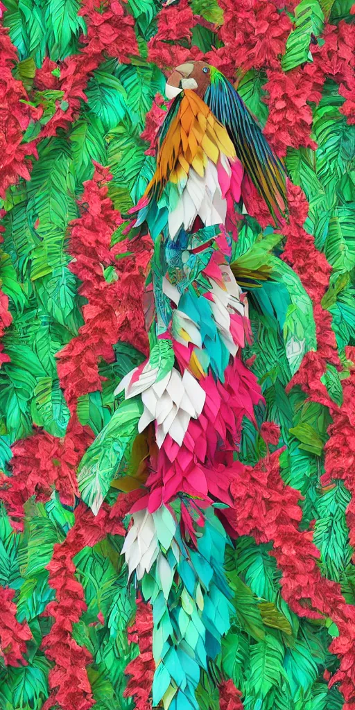 Image similar to anthropomorphic macaw woman wearing a flowing samba inpsired white and mint colored paper dress, background amazon jungle made of paper, paper Bougainvillea, many origami Bougainvillea, eery light, 3D, very detailed, octane render, trending ArtStation, artgem