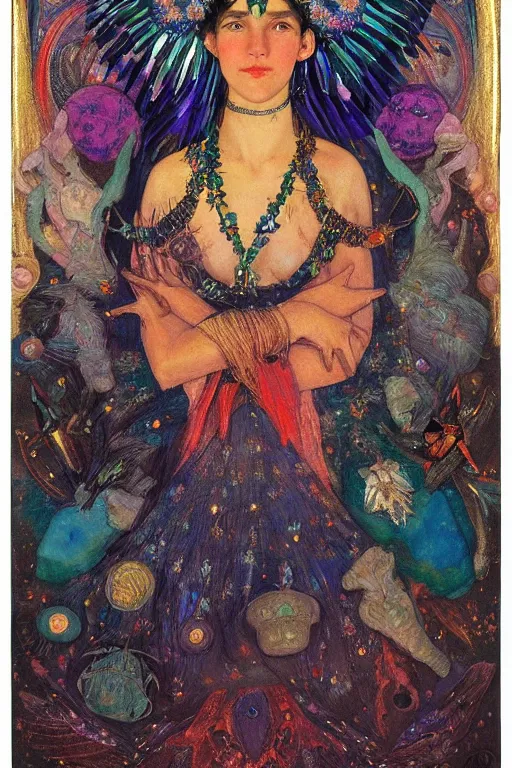 Prompt: queen of night with stars in her hair, by Annie Swynnerton, and Nicholas Roerich and Tino Rodriguez and Diego Rivera , elaborate headdress and embroidered velvet, iridescent beetles, rich color, dramatic cinematic lighting, extremely detailed