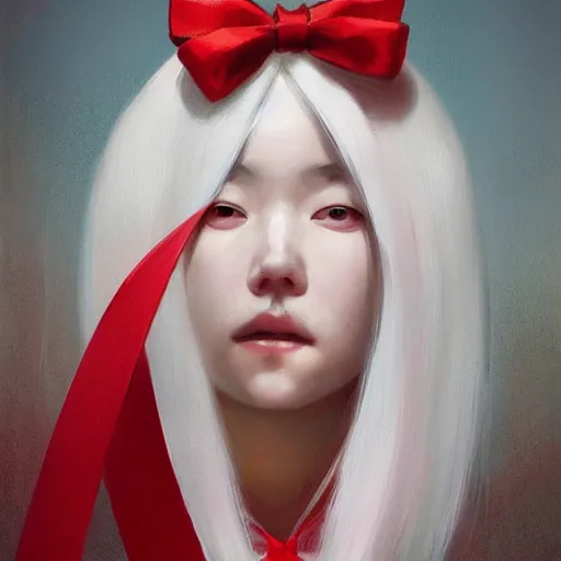 Image similar to Portrait of a japanese young lady with a long white!!!!!!! long white hair and a red ribbon, Rim Lighting, Lantern, by Sergey Kolesov