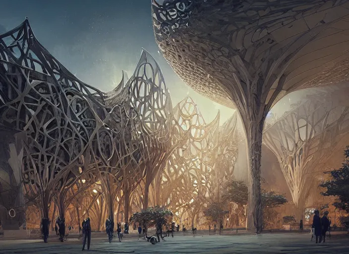 Prompt: mercedes exhibition center exterior designed by antoni gaudi, and concept art by greg rutkowski