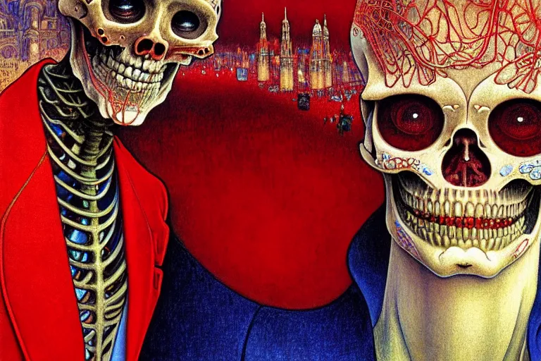 Image similar to realistic detailed closeup portrait painting of a single skeleton wearing red velvet blazer in a crowded futuristic moscow street by Jean Delville, Amano, Yves Tanguy, Alphonse Mucha, Ernst Haeckel, Edward Robert Hughes, Roger Dean, rich moody colours, blue eyes