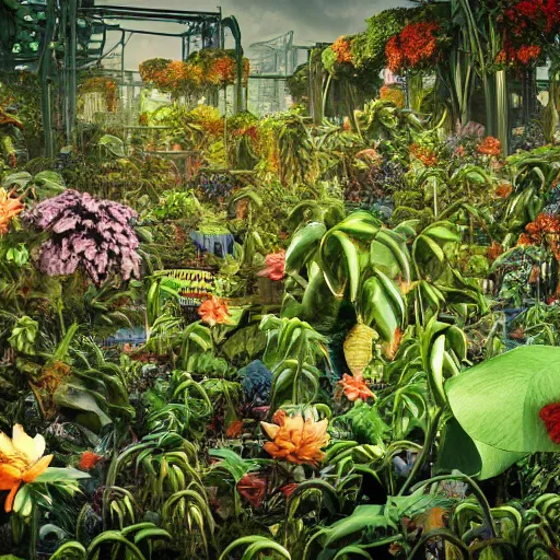 Image similar to panoramic view of a jungle of flowers and vines growing among great heaps of chrome machinery with piles of rusty weapons and broken plastic androids in puddles of glistening oil, artists tram pararam and doctor seuss with beryl cook and hr giger, high contrast cinematic light, mystical shadows, sharp focus, octane render