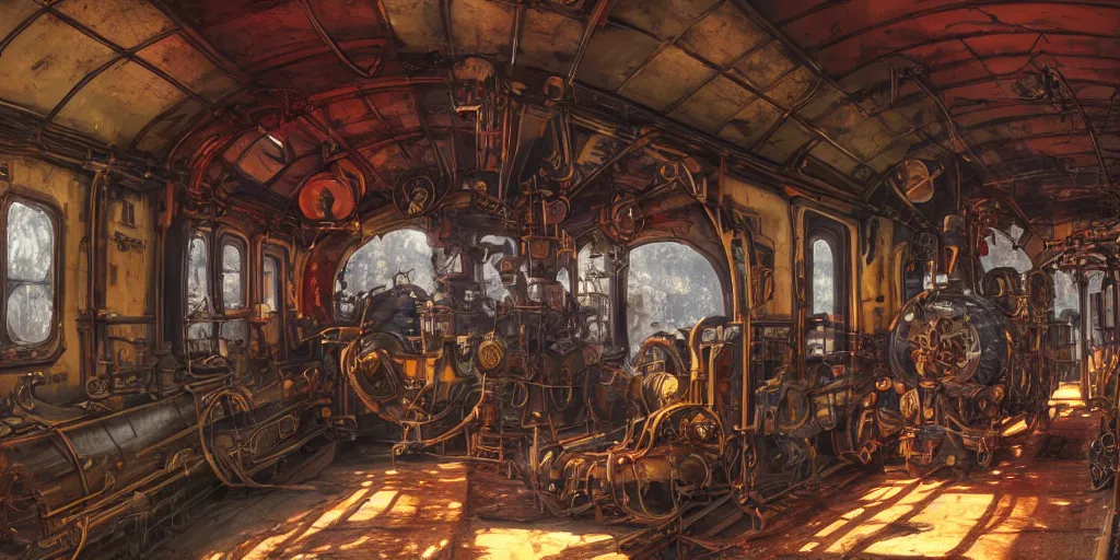 Prompt: steampunk train wagon interior, colorful, contrast, depth of field, 3 d scene, render, greg rutkowski, zabrocki, karlkka, jayison devadas, trending on artstation, 8 k, ultra wide angle, zenith view, pincushion lens effect