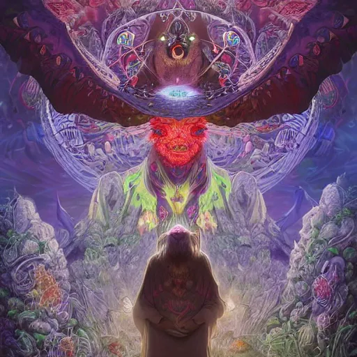 Image similar to 8K Portrait of centered chest up of a psychedelic godlike mothman shaman with moth face and giant mandala wings smoking a hand-rolled cigarette smoking heavily , magic mushroom village in background , post-processing , award winning. superb resolution. in the art style of junji Ito and greg rutkowski . Detailed Mushroom city in background. Hyper realistic anime. Perfect art. Dalle2