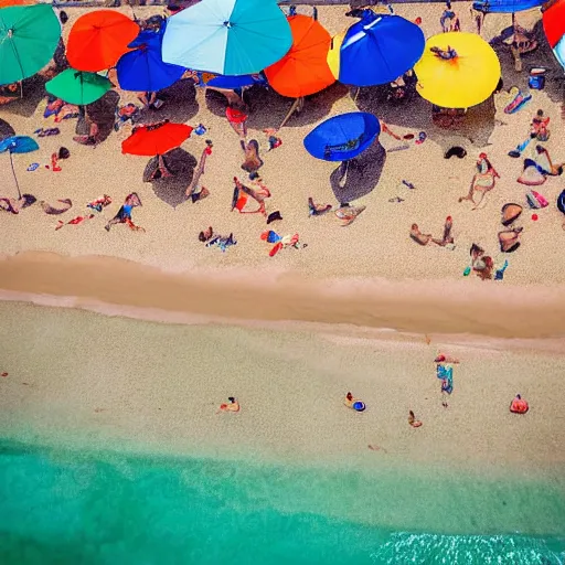 Image similar to photograph beachscapes from an almost perpendicular angle, Aerial view of sandy beach with umbrellas and sea, Aerial of a crowded sandy beach with colourful umbrellas, sun bathers and swimmers during summer, by Tommy Clarke