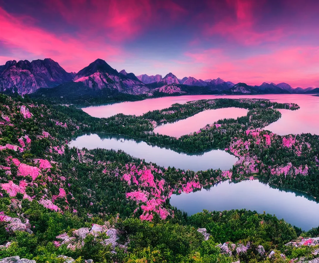 Prompt: wide angle photography, majestic mountains, beautiful lake, lush landscape, pink sky, sunset