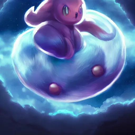 Image similar to cinematic portrait of Mew Pokemon riding large blue bubble, masterpiece, trending on artstation, featured on pixiv, cinematic composition, beautiful lighting, sharp, details, hyper-detailed award winning photography, HD, HDR, 4K, 8K