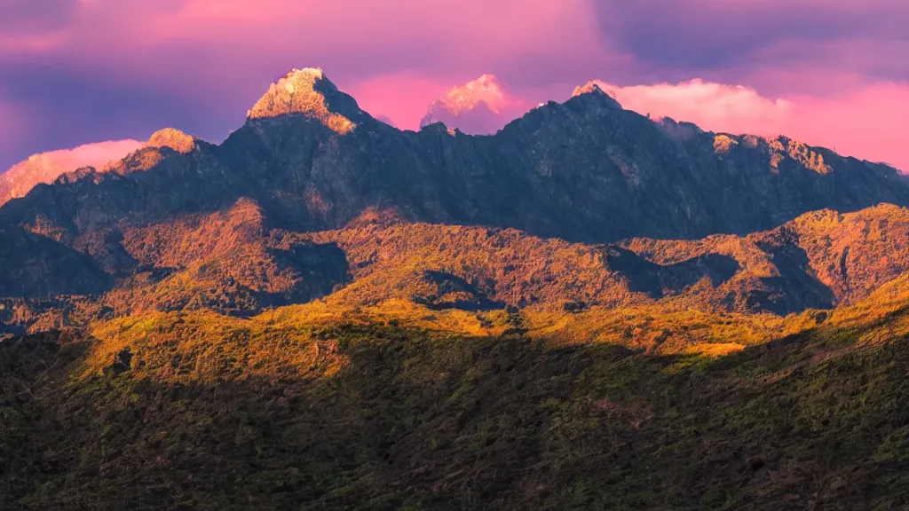 Image similar to Beautiful lush mountains under the pink clouds backlit by the sun