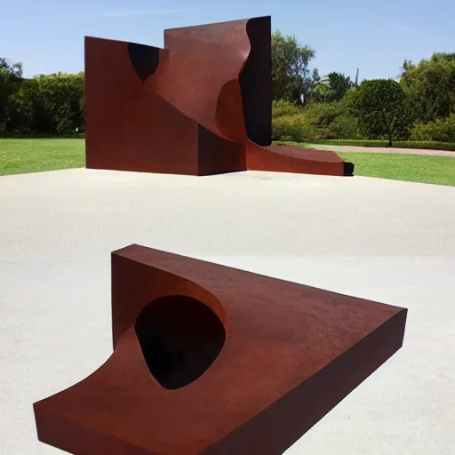 Prompt: a photorealistic abstract design of an sculpture built on corten steel in style of eduardo chillida, jorge oteiza, agustin ibarrola