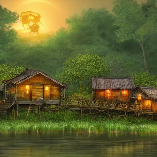 Prompt: a wooden makeshift fishing village inhabited by otters, built in a mossy overgrown bayou, evening lit by lanterns and fireflies, digital art