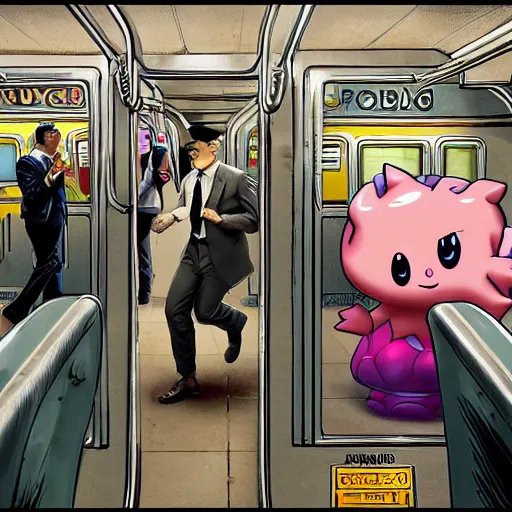 Image similar to jigglypuff runnning to catch the nyc subway, frantic, wearing a suit, style of norman rockwell, photograph, super sharp, style of richard corben, ultra detailed, 8 k, rule of thirds, cinematic lighting.