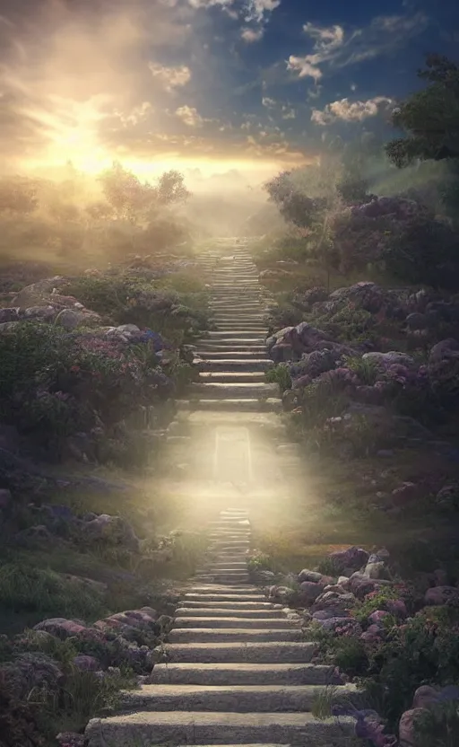 Image similar to a pathway to heaven leading up into the sky, god is waiting at the heaven gates, 8 k, concept art, ultra detailed