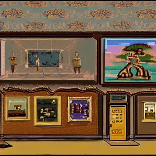 Prompt: this was the first virtual art museum in a video game, made in 1 9 9 0, detailed