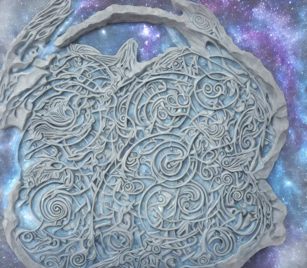 Prompt: the utopia portal highly detailed carving on southern ice porcelain, partially spacey crystallized, nebulas, woodfired, art gallery