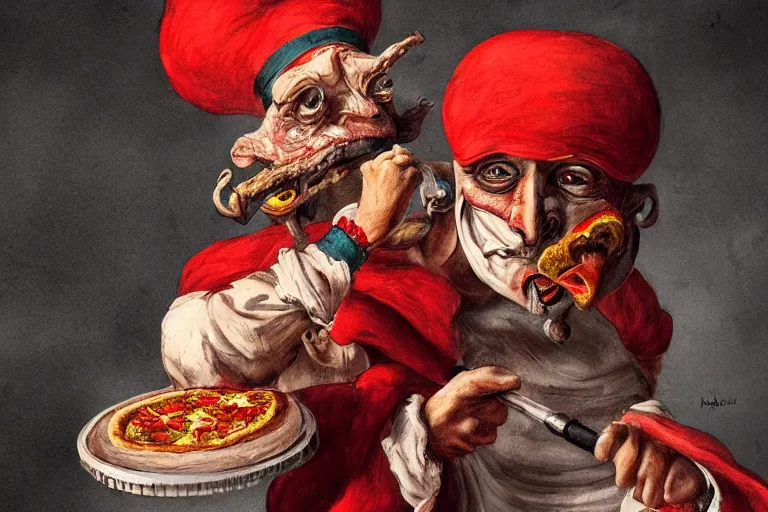 Image similar to a highly detailed portrait of pulcinella!!! from naples with a pizza!! and burning volcano, an ultrafine detailed painting by achille superbi, dramatic lighting, trending on deviantart, whimsical, lowbrow, smooth, sharp focus, octane, masterpiece