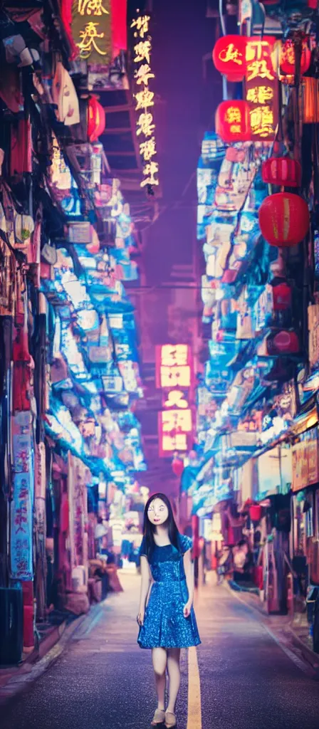 Image similar to a beautiful chinese young girl standing in the middle of a road on a night Hong Kong china town, blue color grading, cinematic color grading , unreal 5, hyperrealistic, realistic, photorealistic, dynamic lighting, highly detailed, cinematic landscape, studio landscape, studio lighting