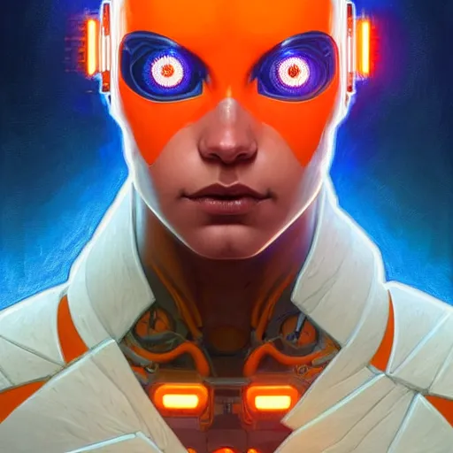 Prompt: cyborg, male, orange eyes, blue diodes, science fiction, highly detailed, digital painting, beautiful eyes, symmetry, concept art, sharp focus, illustration, art by artgerm and greg rutkowski and magali villeneuve and ilya kuvshinov! : : alphonse mucha : : - 0. 2