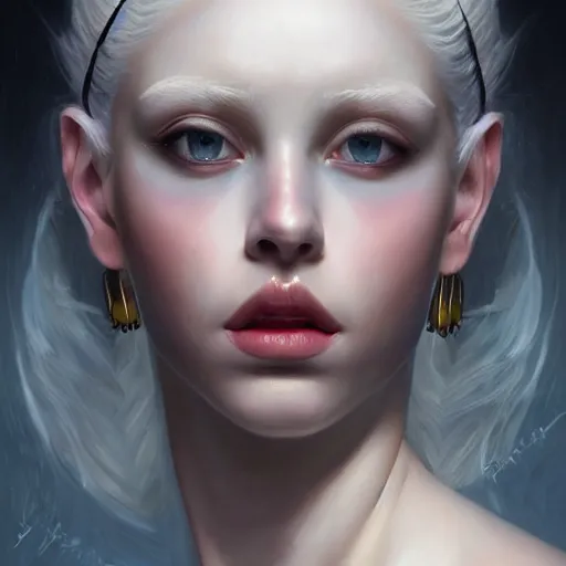 Prompt: A masterpiece portrait of a A model-looking albino girl with large piercings. Greek nose. Goddess of life and love trending on artstation, digital art, by Stanley Artgerm Lau, WLOP, Rossdraws, James Jean, Andrei Riabovitchev, Marc Simonetti, Yoshitaka Amano