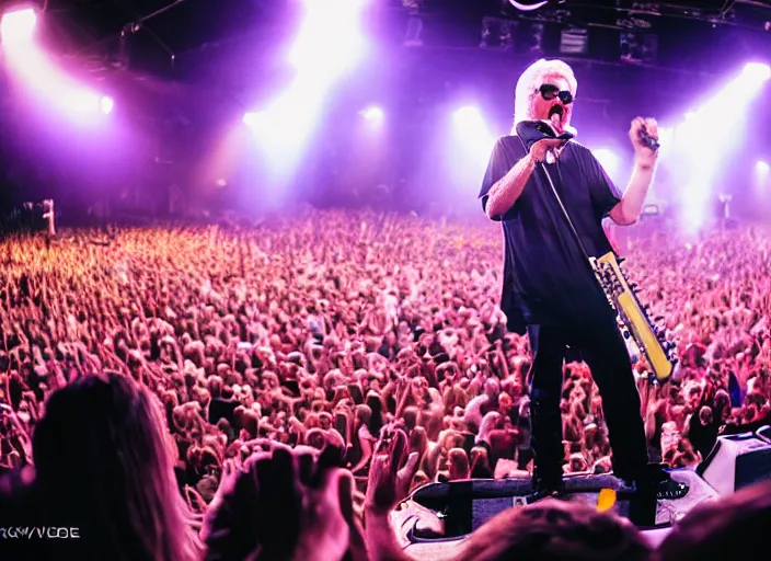 Image similar to photo still of michael mcdonald on stage at vans warped tour!!!!!!!! at age 3 8 years old 3 8 years of age!!!!!!! throwing a keytar into the crowd, 8 k, 8 5 mm f 1. 8, studio lighting, rim light, right side key light