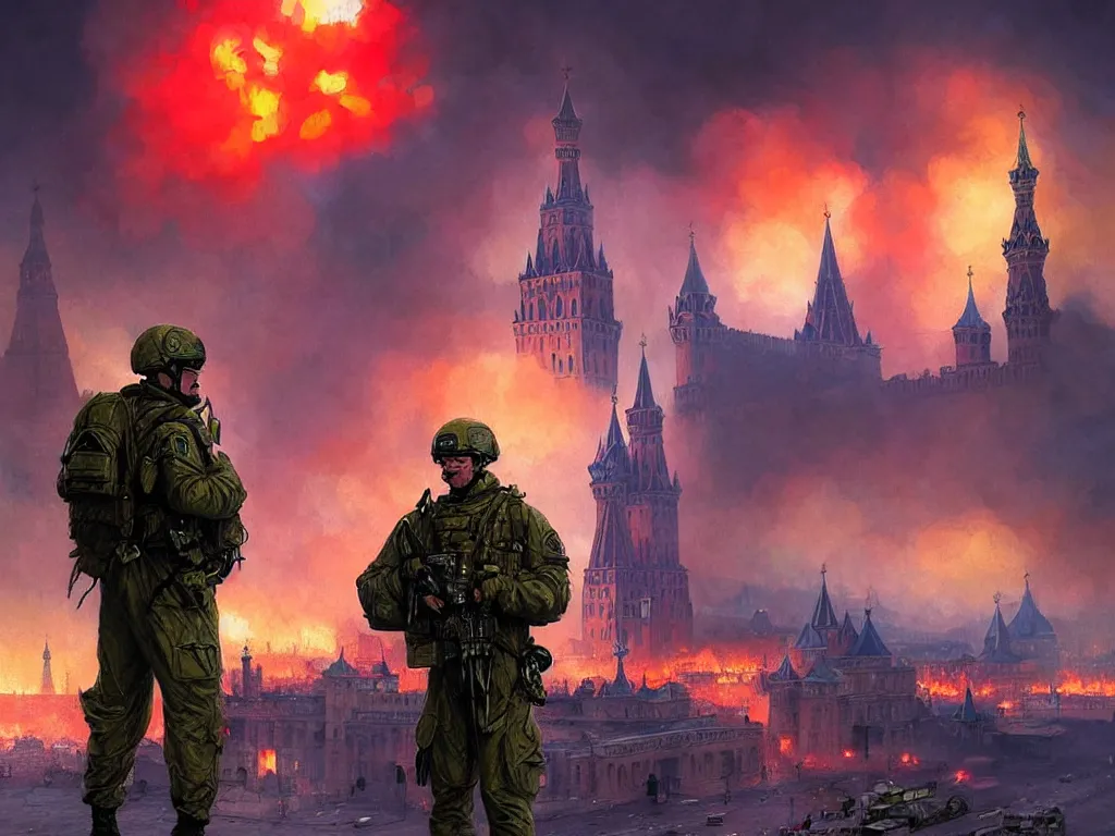 Image similar to special forces nato soldier with yellow shoulder patch watches red square kremlin burning in the background, d & d, fantasy, bright atmosphere, volumetric lights, intricate, elegant, extremely detailed, digital painting, artstation, concept art, matte, smooth, sharp focus, hyper realistic, illustration, art by artgerm and greg rutkowski and alphonse mucha