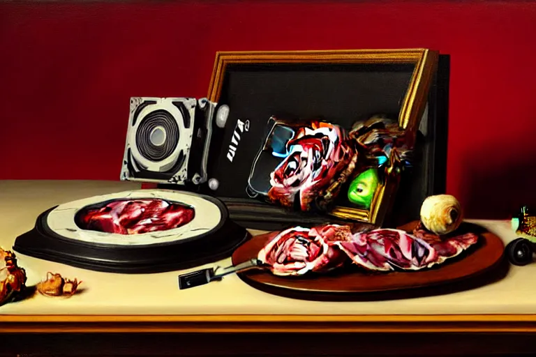 Prompt: a vanitas painting depicting an NVIDIA RTX A100 GPU, graphics card and a smartphone as well as packaged meat