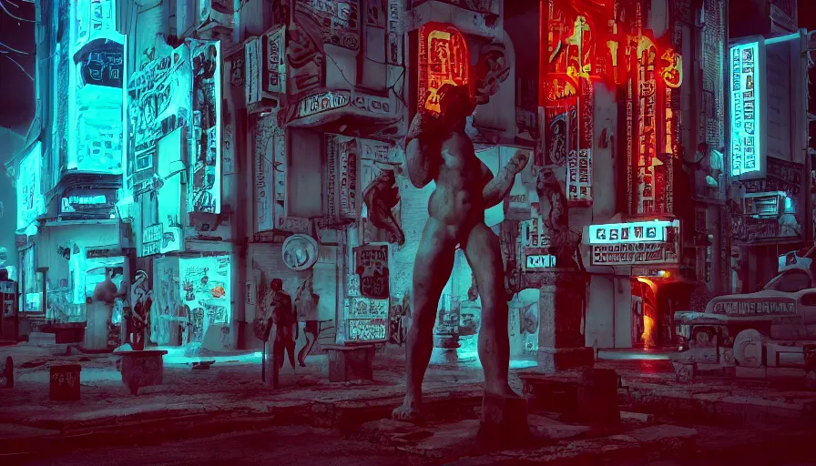 Image similar to a small weathered ancient greek sculpture standing in a square, surrounding by of cyberpunk city, neon sign, bladerunner, digital illustration, artstation, bottom view