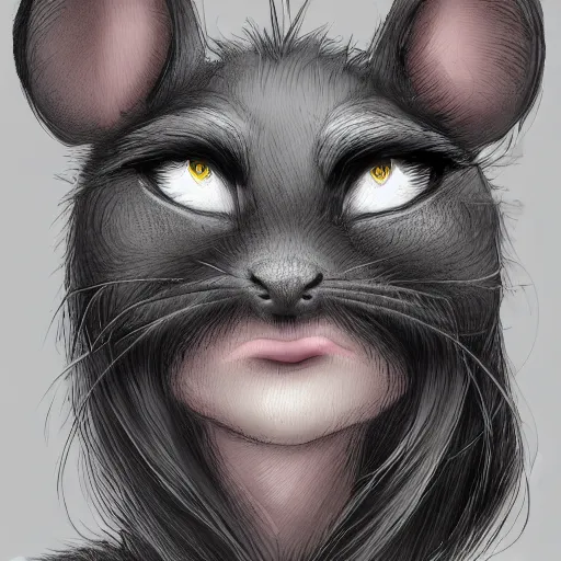 Prompt: headshot of young female furry, D&D, cute, fantasy, intricate, long hair, dark grey skin, mouse face, mouse nose, dark skin, mouse head, mouse ears, black hair, elegant, highly detailed, cartoony, artstation, concept art, smooth, sharp focus, illustration, art by Diives