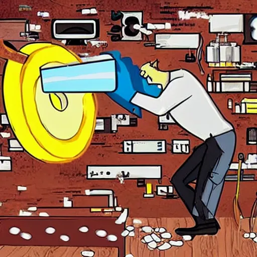 Prompt: a scientist smashing a computer with a giant hammer