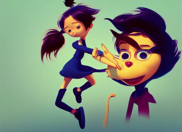 Image similar to pixar cartoon character of a tomboy girl being happy with a cat. style by petros afshar, christopher balaskas, goro fujita, and rolf armstrong.