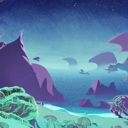 Image similar to sea under starry sky with reefs, light purple tones, animated film, stylised, illustration,, fantasy art, 2 d game art, by eyvind earle, scott wills, genndy tartakovski, roman shipunov, etienne hebinger, atey ghailan, cgsociety, cynical realism