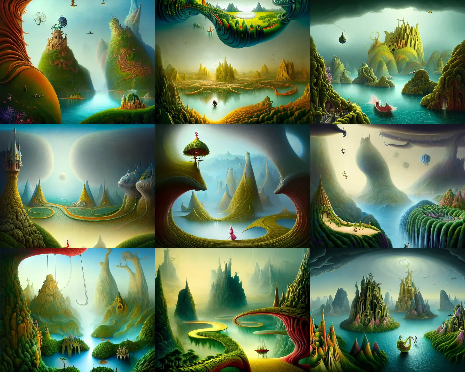 Prompt: a beguiling epic stunning beautiful and insanely detailed matte painting of the impossible winding path through a dream world with surreal architecture designed by Heironymous Bosch, mythical whimsical creatures, mega structures inspired by Heironymous Bosch's Garden of Earthly Delights, vast surreal landscape and horizon by Asher Durand and Cyril Rolando and Andrew Ferez, masterpiece!!!, grand!, imaginative!!!, whimsical!!, epic scale, intricate details, sense of awe, elite, wonder, insanely complex, masterful composition!!!, sharp focus, fantasy realism, dramatic lighting